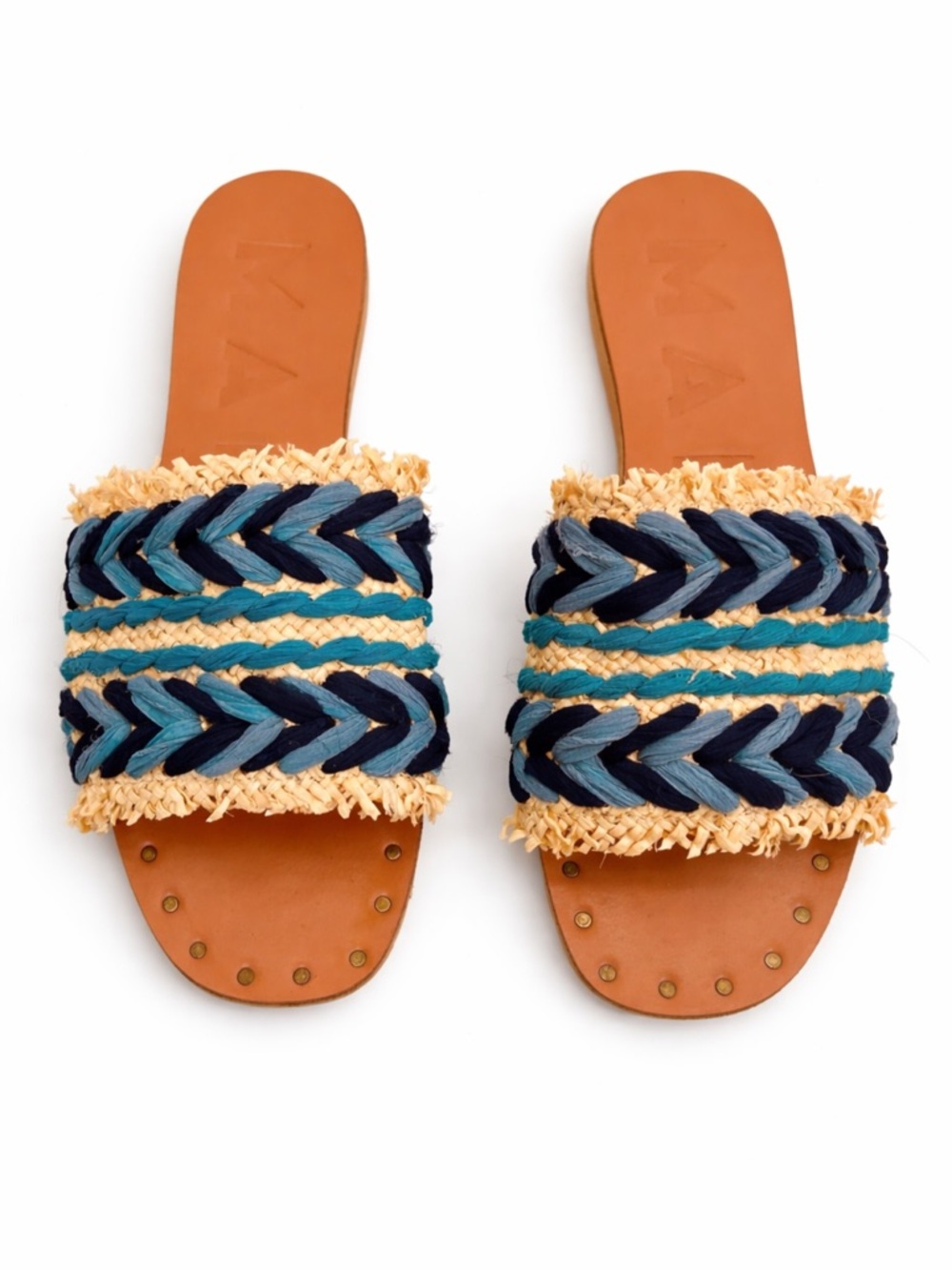 MANEBÍ Woven Raffia Slide Sandals Blue Natural Size 38 Resort Chic